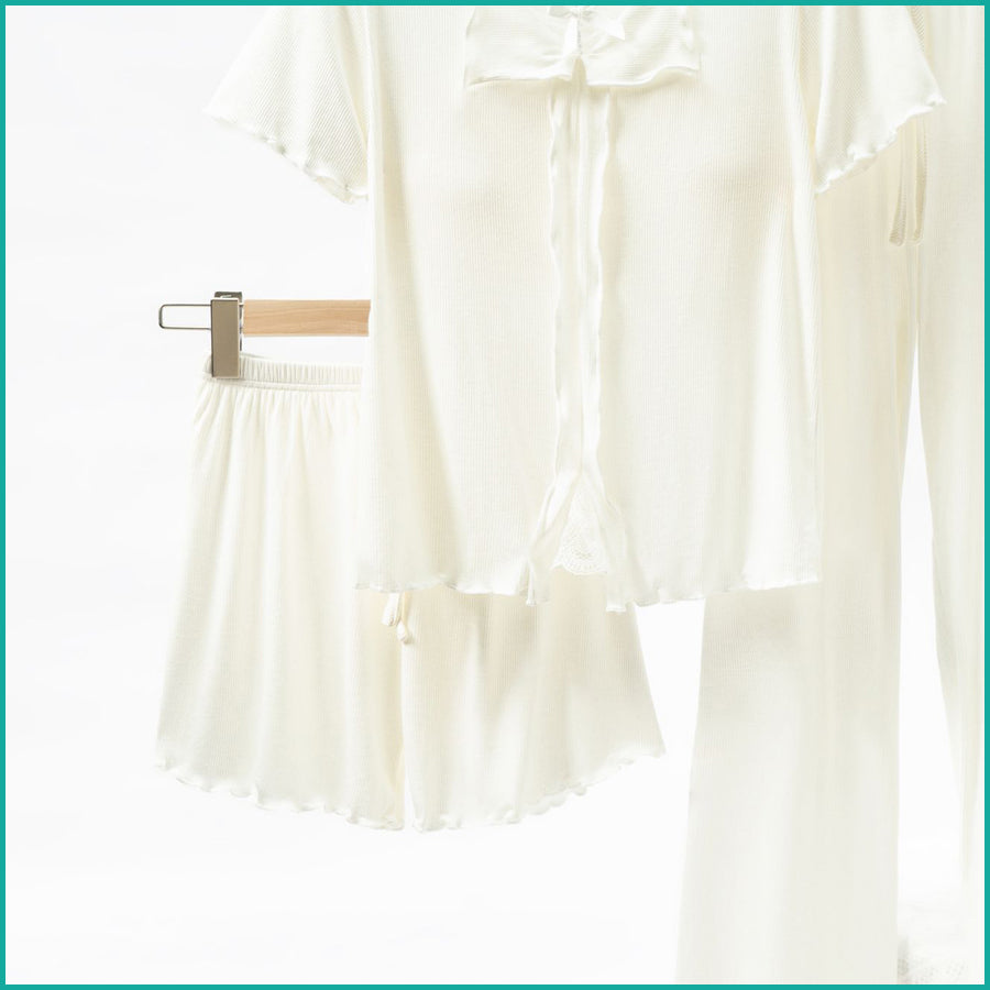 Bow Ladies 3 Pcs Set Loungewear Pajama Set - White