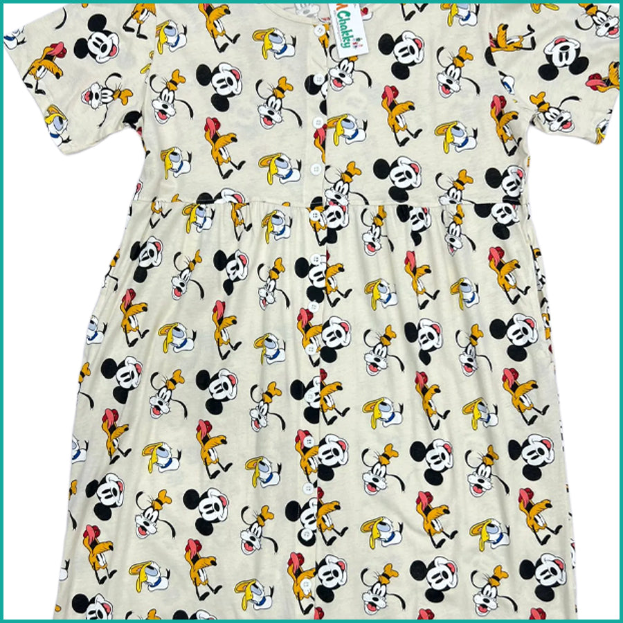 Mickey Ladies Front Open Cotton Dress - Cream