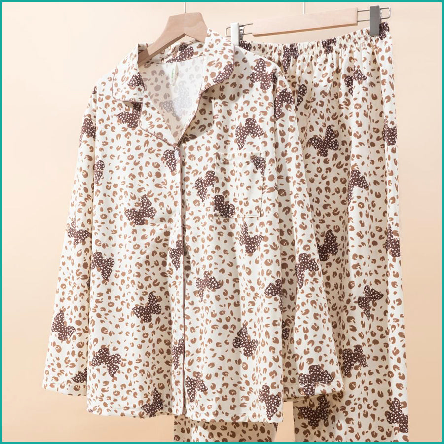 Short Bow Full Sleeves Pajama Set Fine Material - Cream