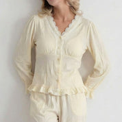 Plain Cuff Ladies Loungewear Pajama Set - Yellow