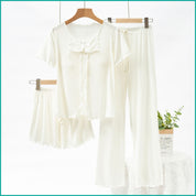 Bow Ladies 3 Pcs Set Loungewear Pajama Set - White