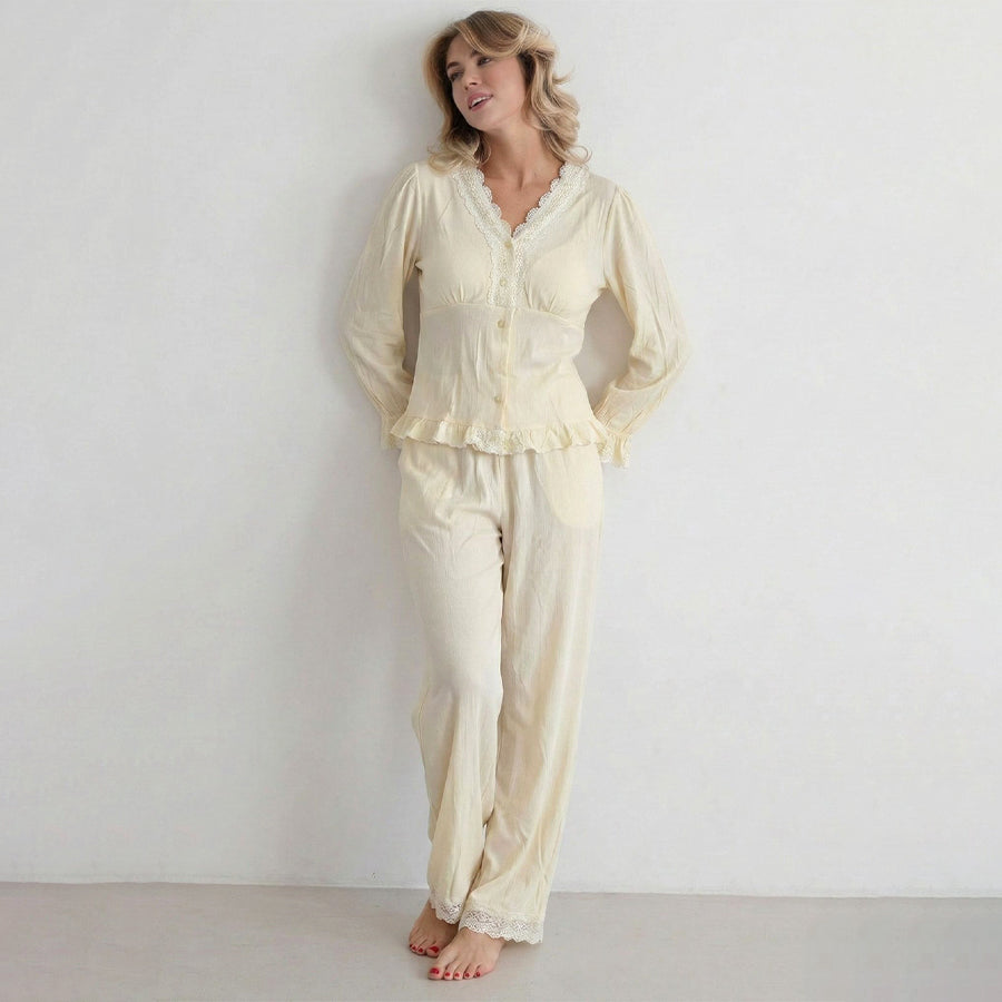 Plain Cuff Ladies Loungewear Pajama Set - Yellow