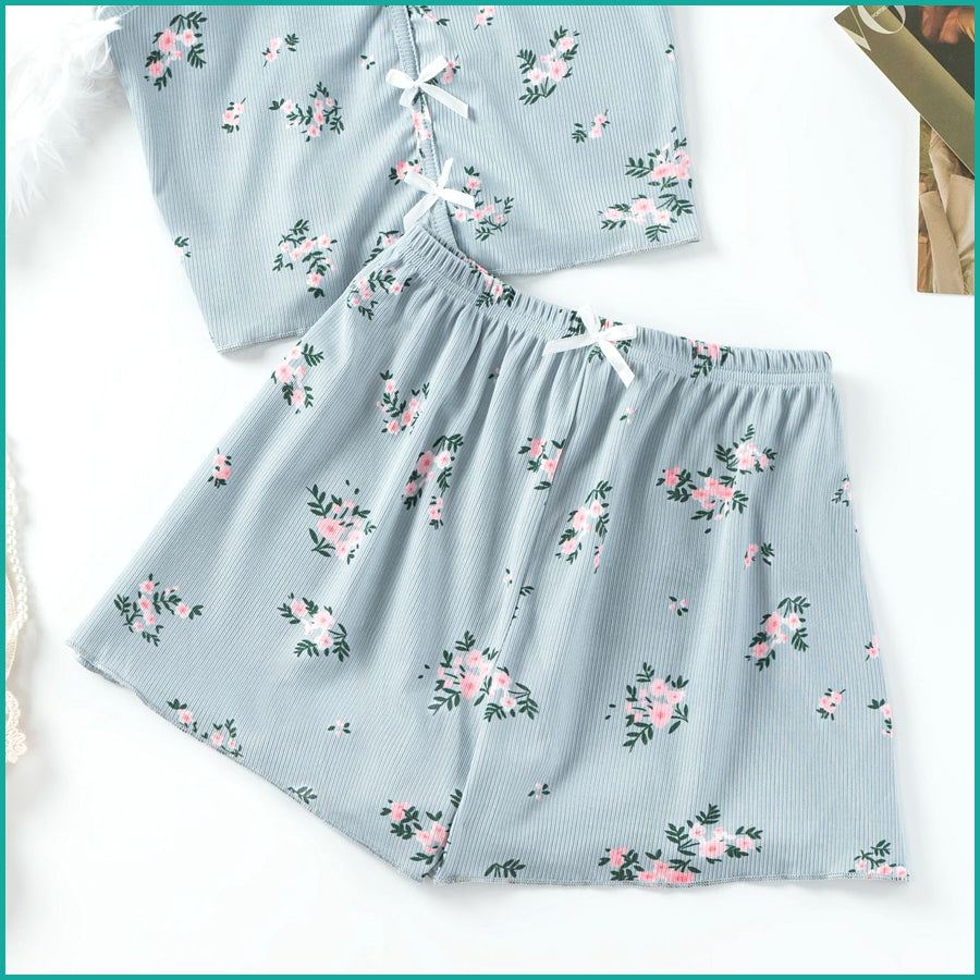 Floral Ladies Crop Sleeveless T-Shirt with Shorts - Blue