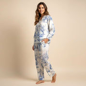 Blue Design Ladies Front Open Pajama Set - White