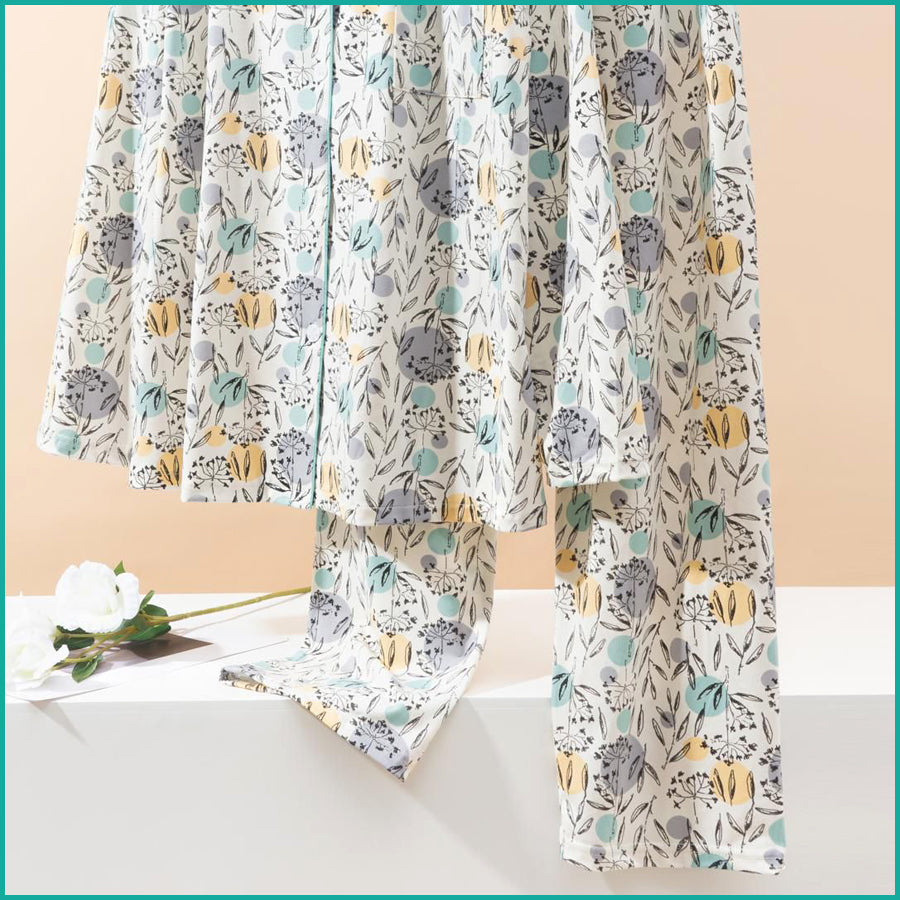 Leafs Full Sleeves Pajama Set Fine Material - White