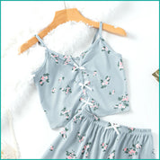 Floral Ladies Crop Sleeveless T-Shirt with Shorts - Blue