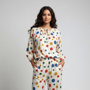 Colorful Dots Ladies Linen Pajama Loungewear - White