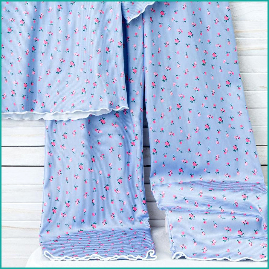 Mini Floral Ladies Loungewear Pajama Set - Sky Blue
