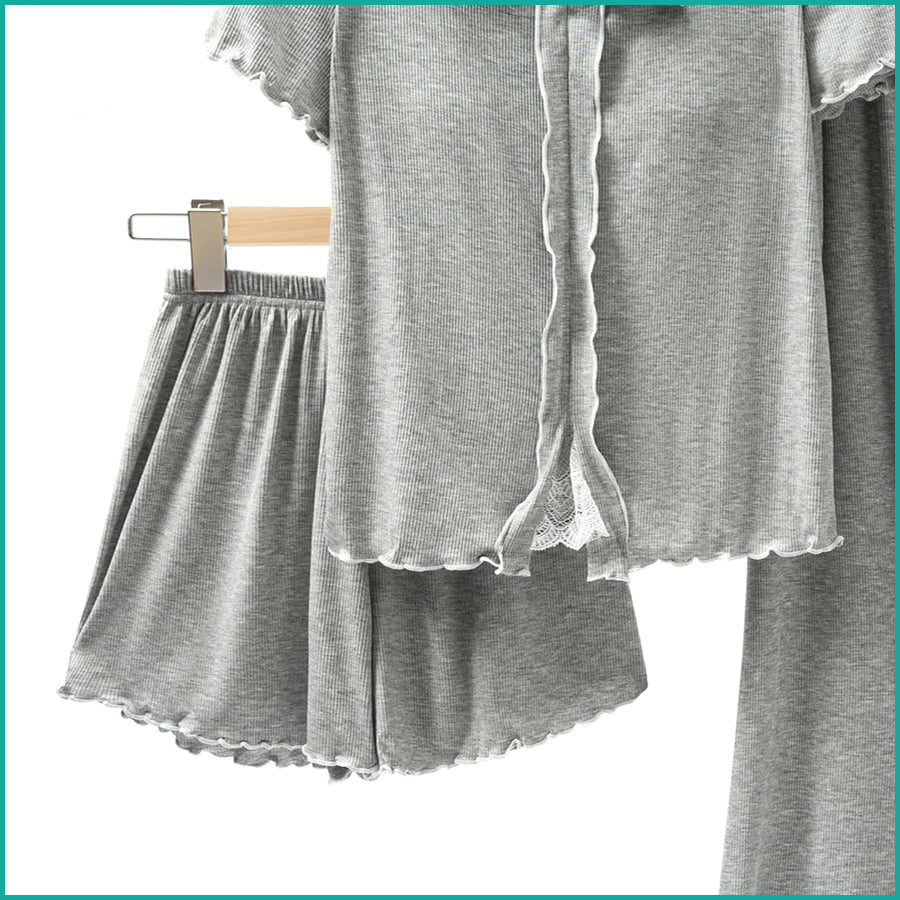 Bow Ladies 3 Pcs Set Loungewear Pajama Set - Grey