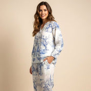 Blue Design Ladies Front Open Pajama Set - White