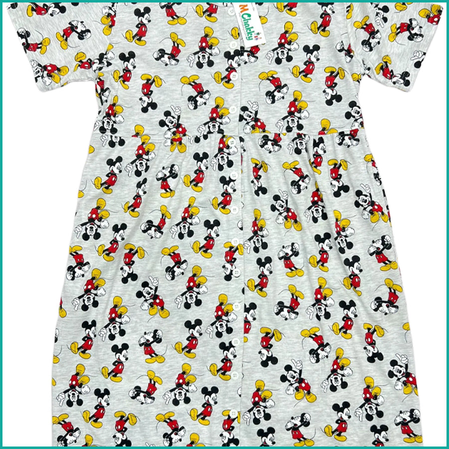 Mickey Ladies Front Open Cotton Dress - Grey