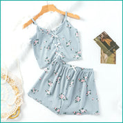 Floral Ladies Crop Sleeveless T-Shirt with Shorts - Blue