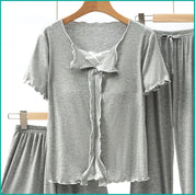 Bow Ladies 3 Pcs Set Loungewear Pajama Set - Grey