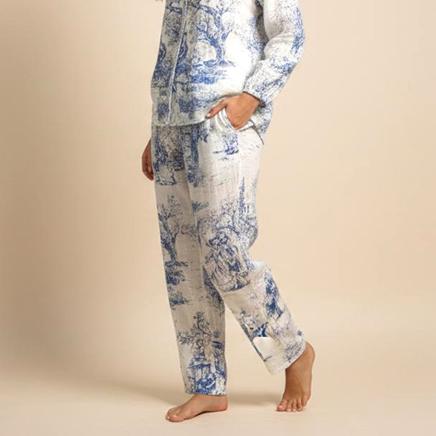 Blue Design Ladies Front Open Pajama Set - White