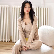 Plain Ladies Cotton Lycra Loungewear 3 Pcs Set - Cream