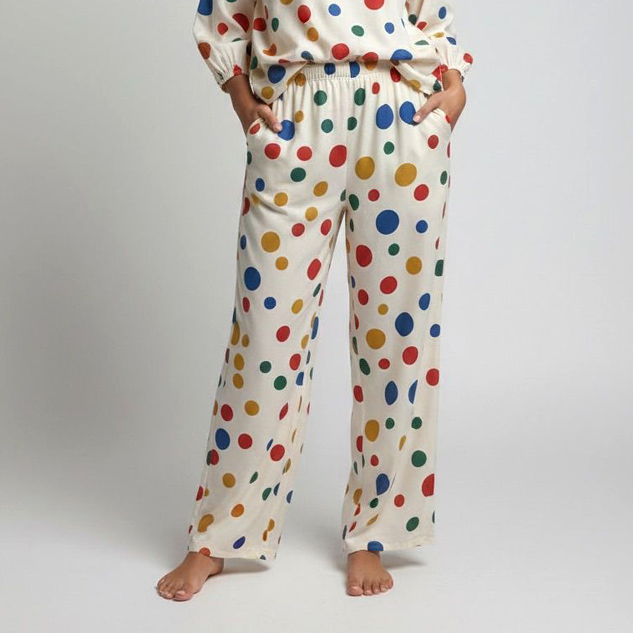 Colorful Dots Ladies Linen Pajama Loungewear - White