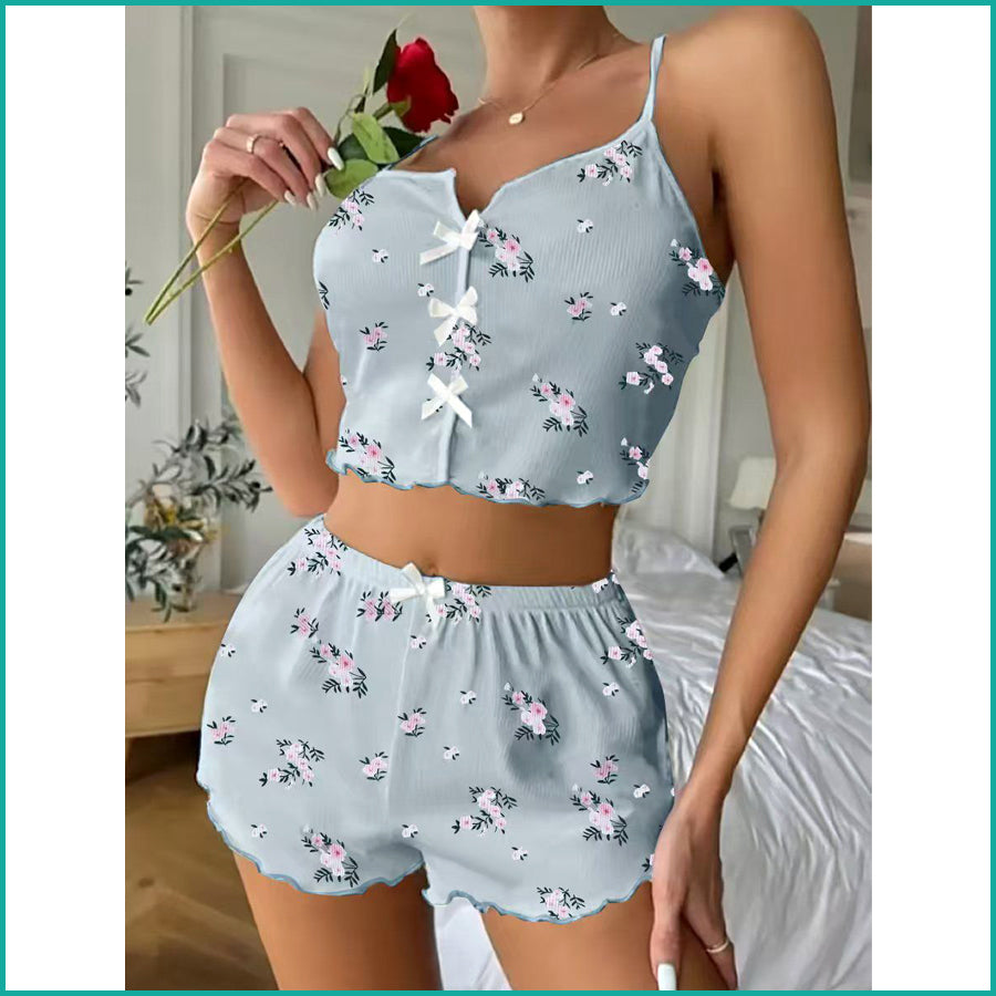 Floral Ladies Crop Sleeveless T-Shirt with Shorts - Blue