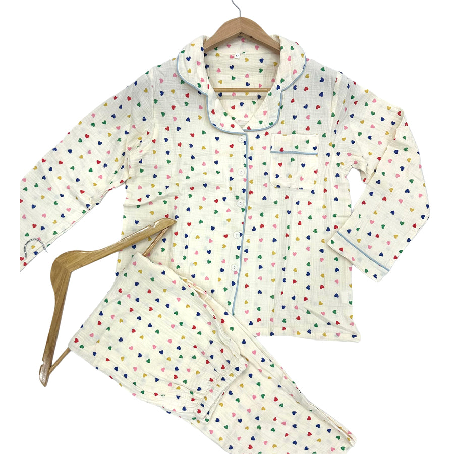 Color Mini Heart Ladies Front Open Pajama Set - White