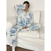 Blue Design Ladies Front Open Pajama Set - White