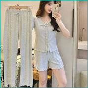 Bow Ladies 3 Pcs Set Loungewear Pajama Set - Grey