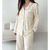 Color Mini Heart Ladies Front Open Pajama Set - White