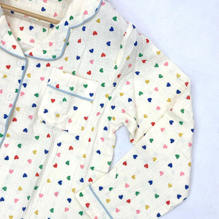 Color Mini Heart Ladies Front Open Pajama Set - White