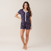 Flower Pot Ladies Shorts Set Crop T-Shirt - Blue