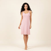 Ladies Soft Ribbed Knit Lilac Nightdress with Lace Trim and Button - Pink