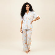 Light Rose Ladies Linen Material Pajama Set - Blue