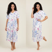 Floral Ladies Cotton Nightgown with Lace Neckline - White