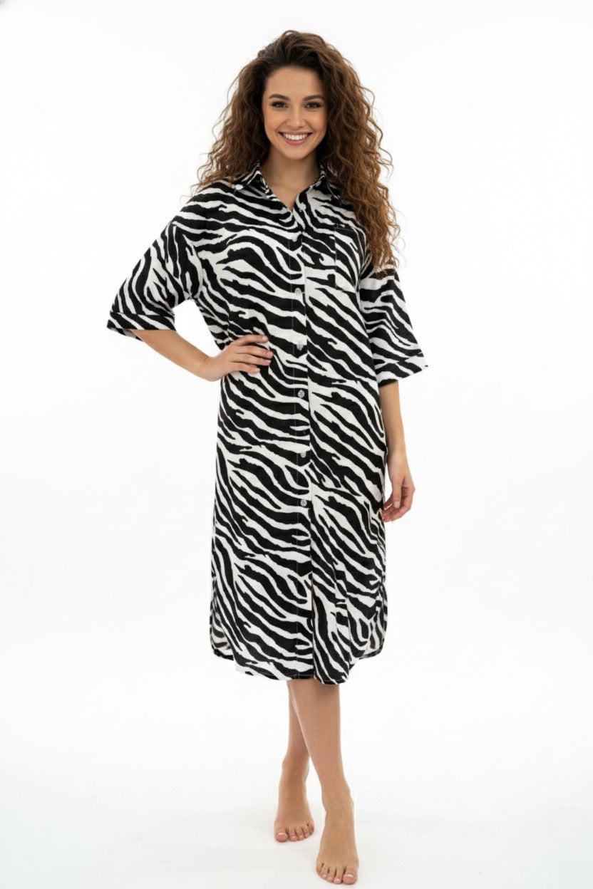 Tiger Print Ladies Sleepwear Long Dress Satin Material - White -Free size