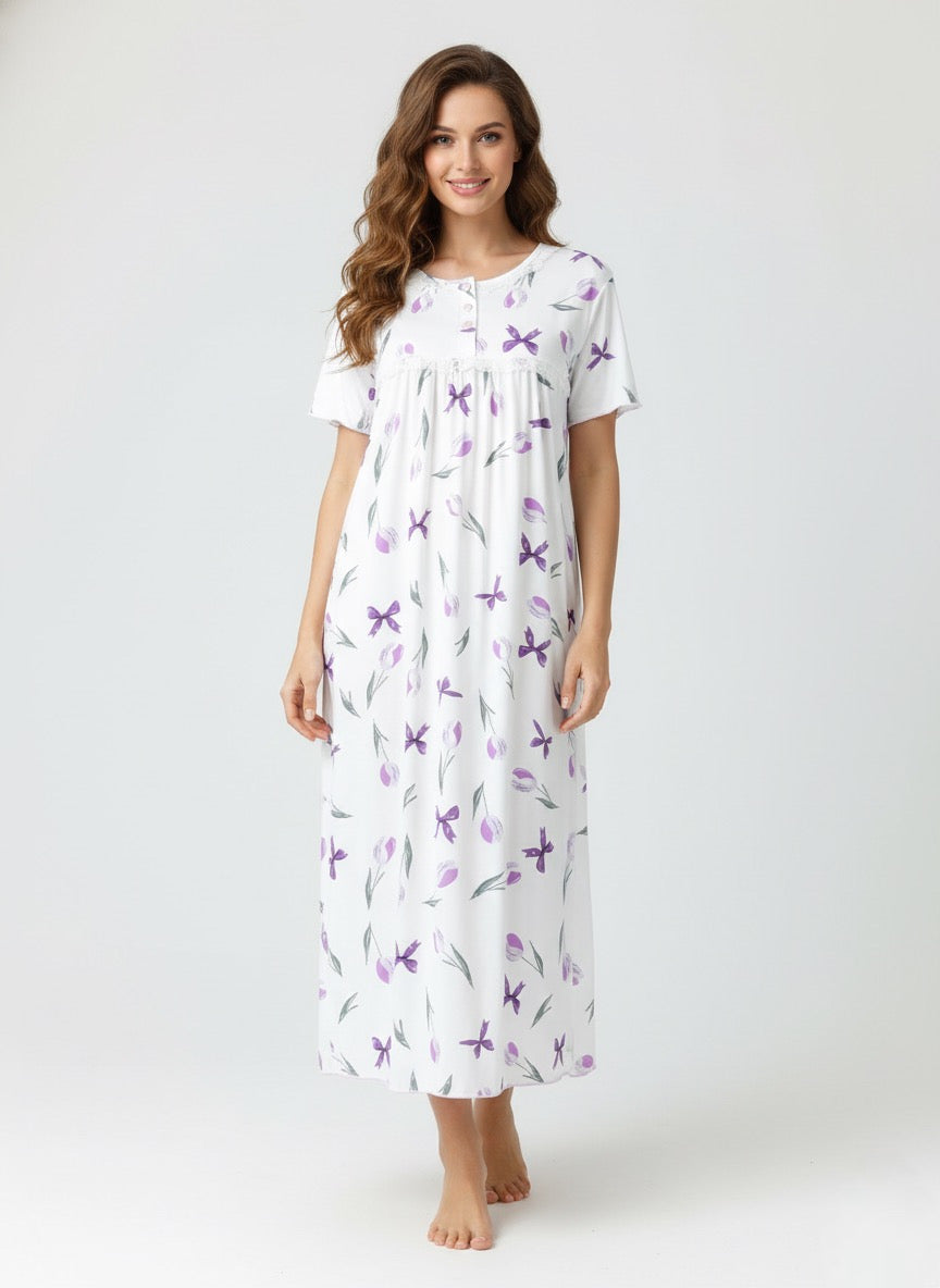 Tulip Ladies Cotton Nightgown with Lace Trim and Buttoned Neckline - White