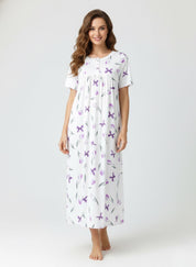 Tulip Ladies Cotton Nightgown with Lace Trim and Buttoned Neckline - White