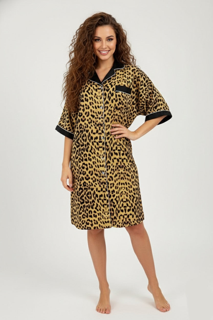 Tiger Print Ladies Sleepwear Long Dress Satin Material - Yellow -Free size