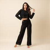 Ladies Loungewear with Crop Top with Wide-Leg Pant - Black