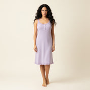 Ladies Soft Ribbed Knit Lilac Nightdress with Lace Trim and Button - Lavender