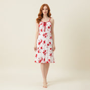 Red Floral Ladies Cotton Stretch Material Nightwear - White