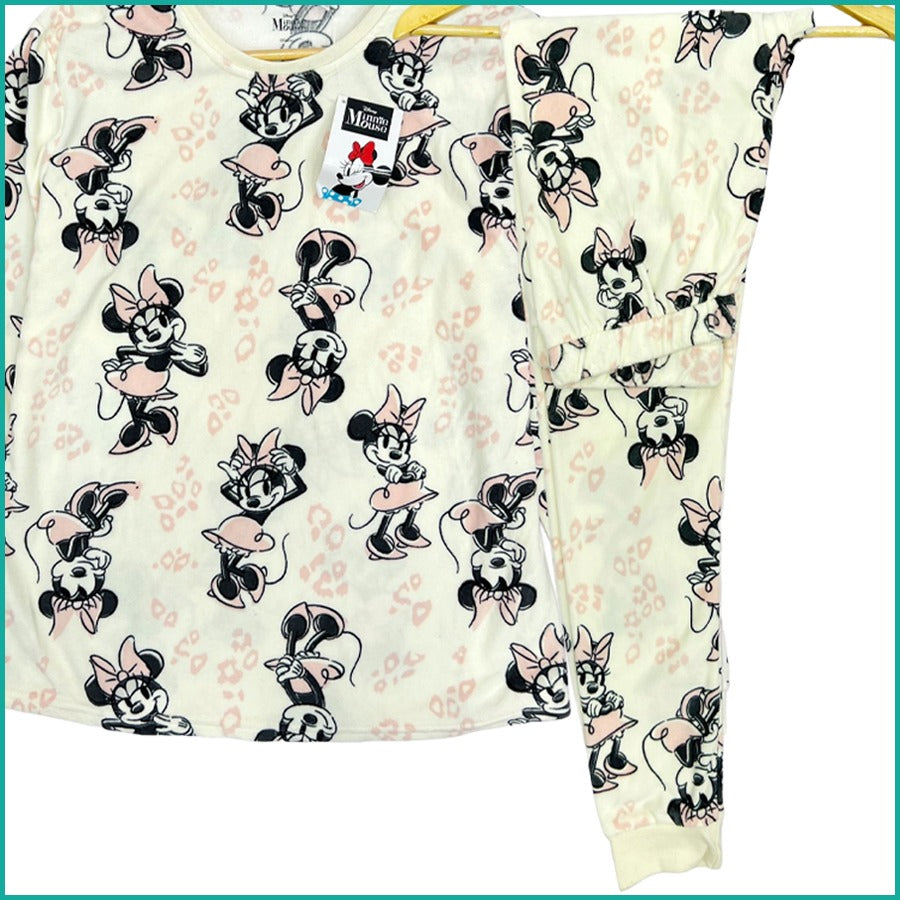 Happy Minnie Ladies Winter Makhmal Pajama Set - White