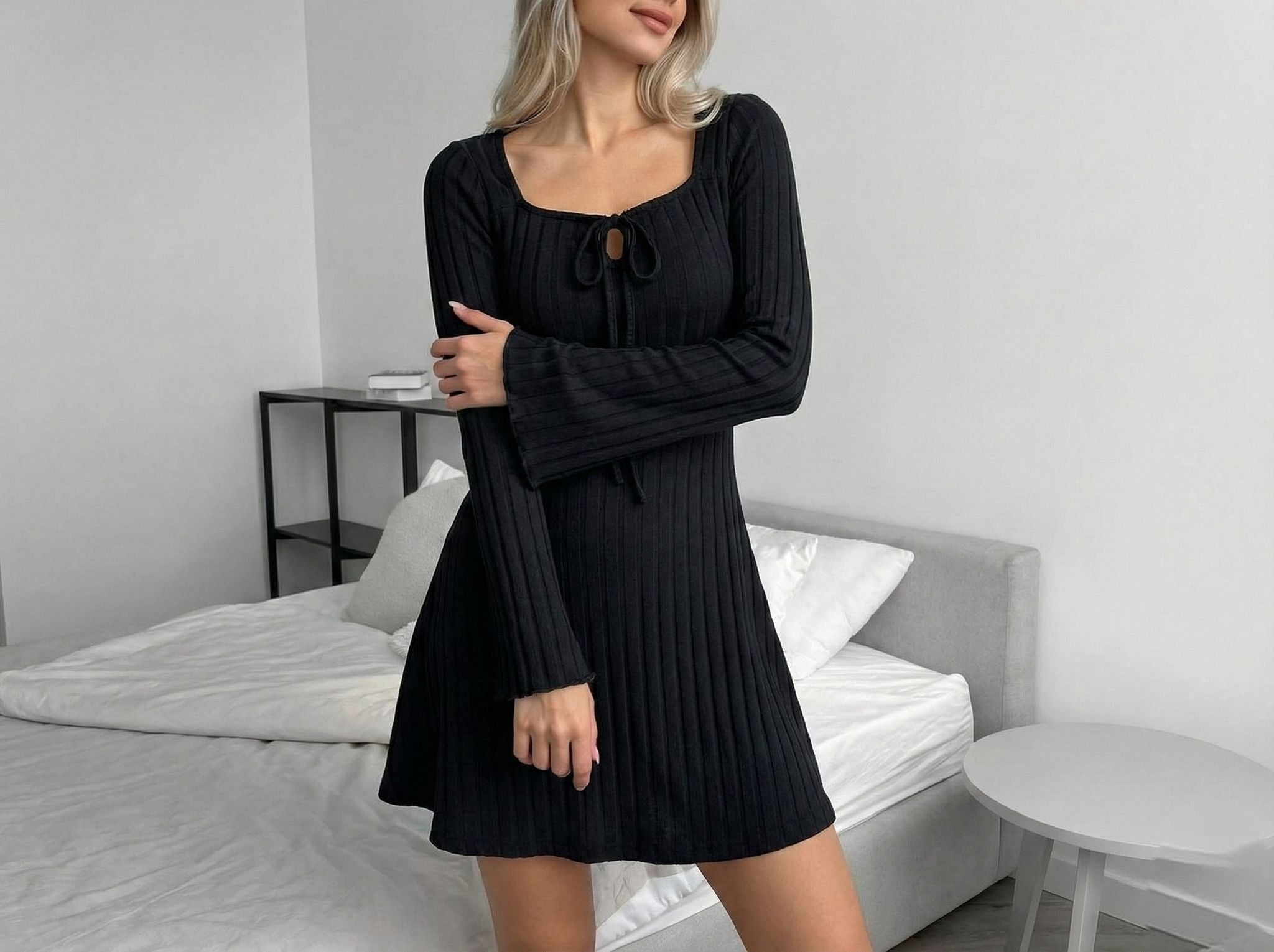 Long Sleeve Cotton Dress-Black