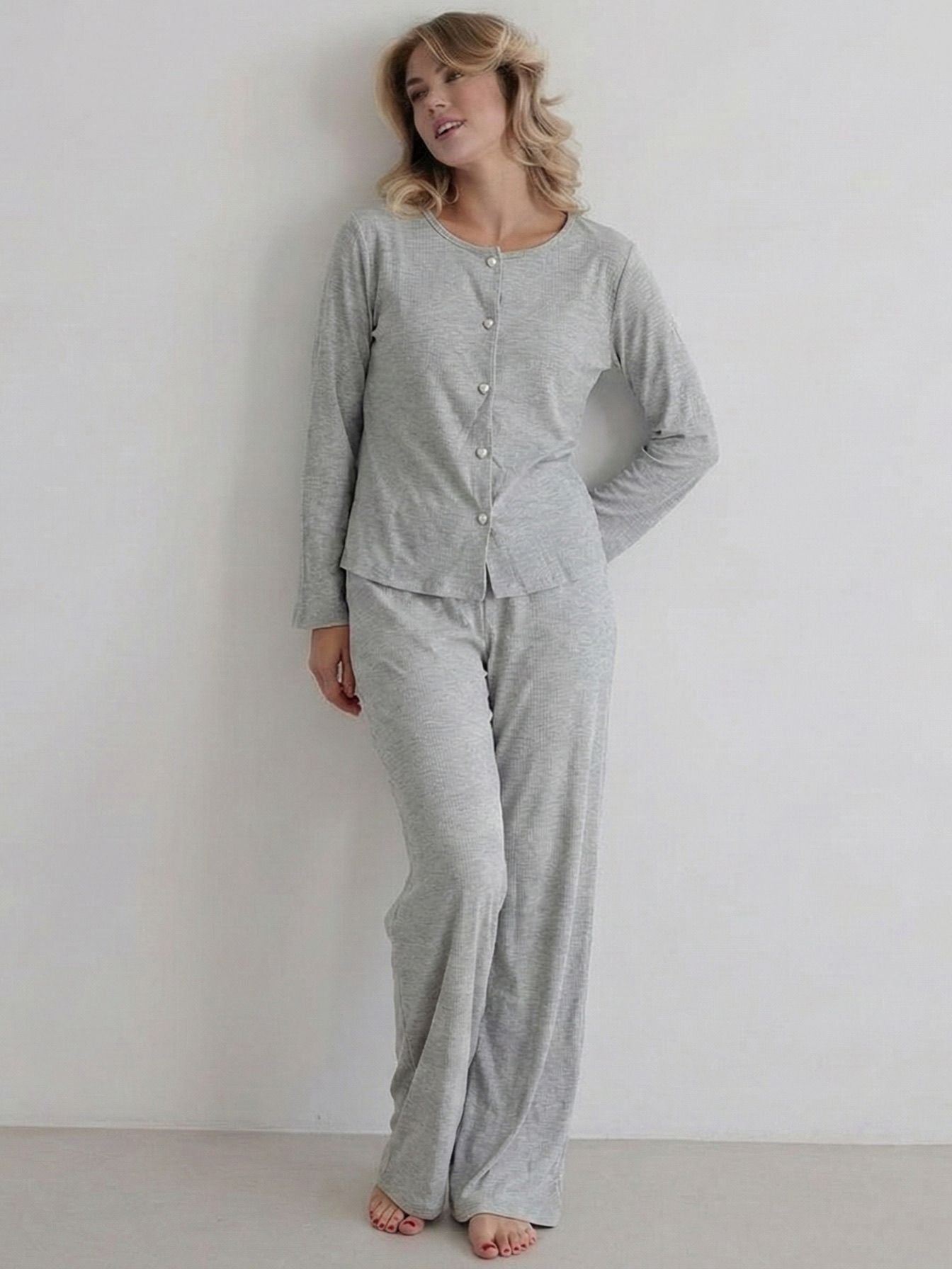 Ladies Cotton Front Open Loungwear Set-Grey