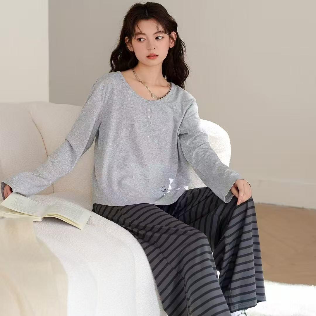 Ladies Cotton Loungewear Set-Grey