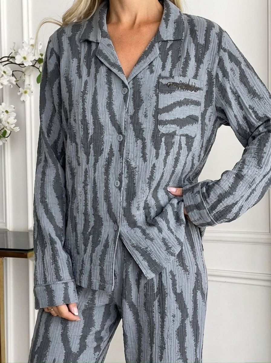 Ladies Printed Cotton Pajama Set – Button Down Long Sleeve