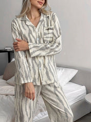 Ladies Button Down Cotton Pajama Set – Printed Long Sleeve