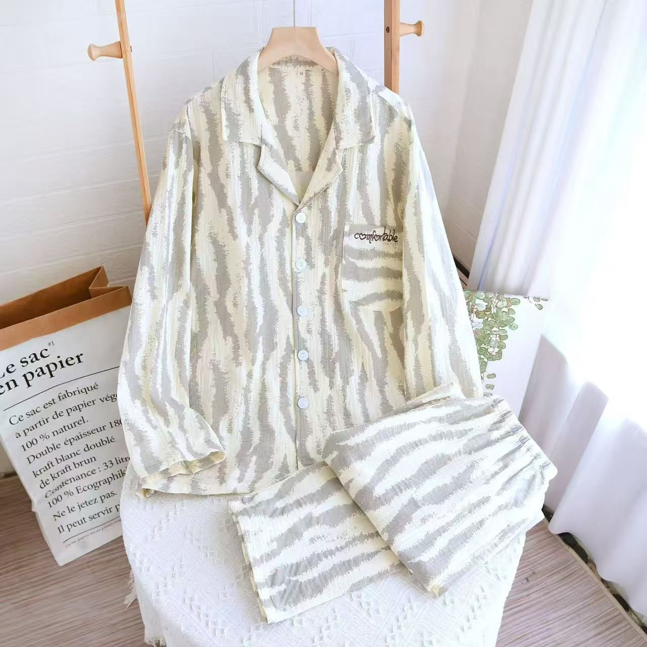 Ladies Button Down Cotton Pajama Set – Printed Long Sleeve