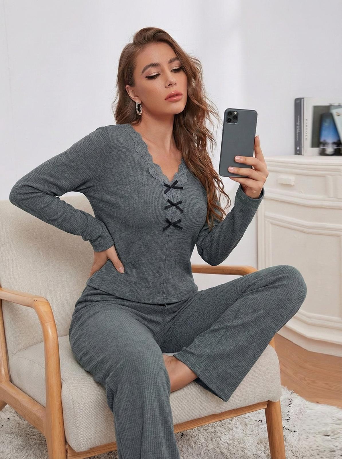 Ladies Ribbed Pajama Set – Long Sleeve Lace Trim Lounge Wear
