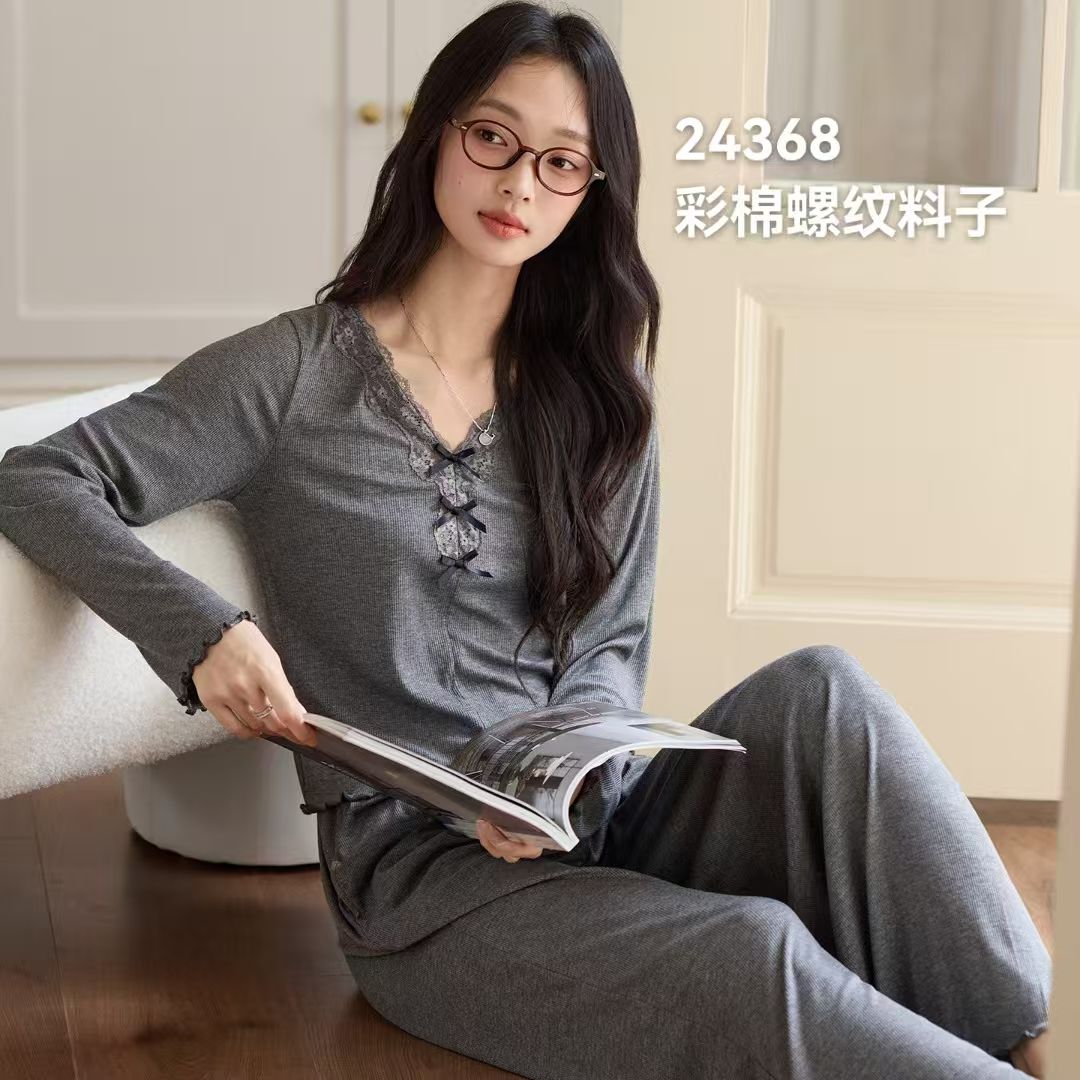 Ladies Ribbed Pajama Set – Long Sleeve Lace Trim Lounge Wear
