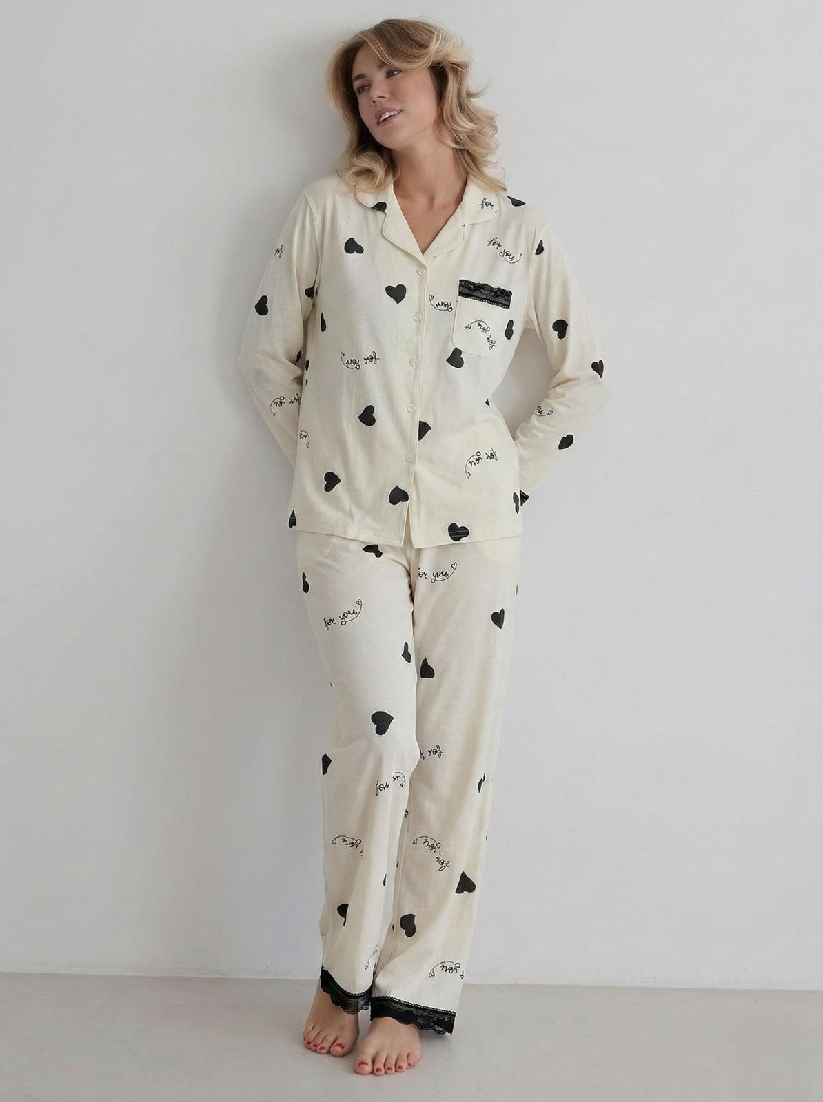 Ladies Heart Print Pajama Set – Button Down Long Sleeve