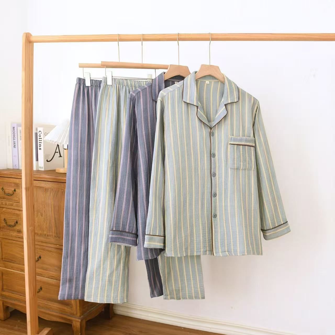 Men’s Striped Cotton Pajama Set – Button Down Long Sleeve