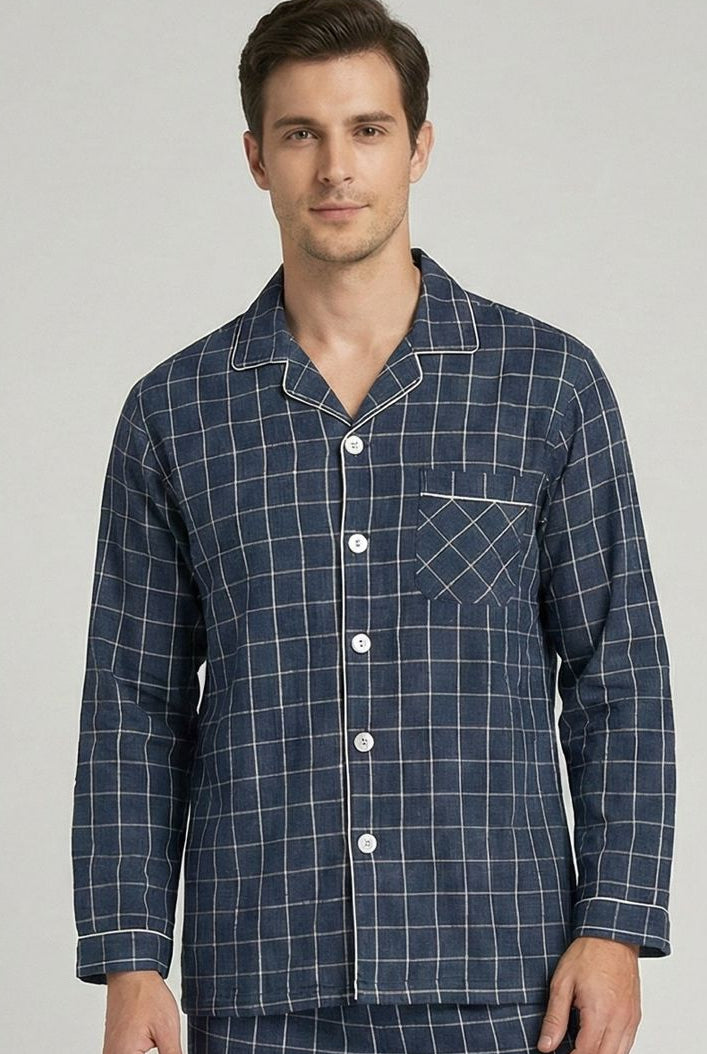 Men’s Checkered Cotton Pajama Set – Button Down Long Sleeve