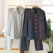 Men’s Checkered Cotton Pajama Set – Button Down Long Sleeve